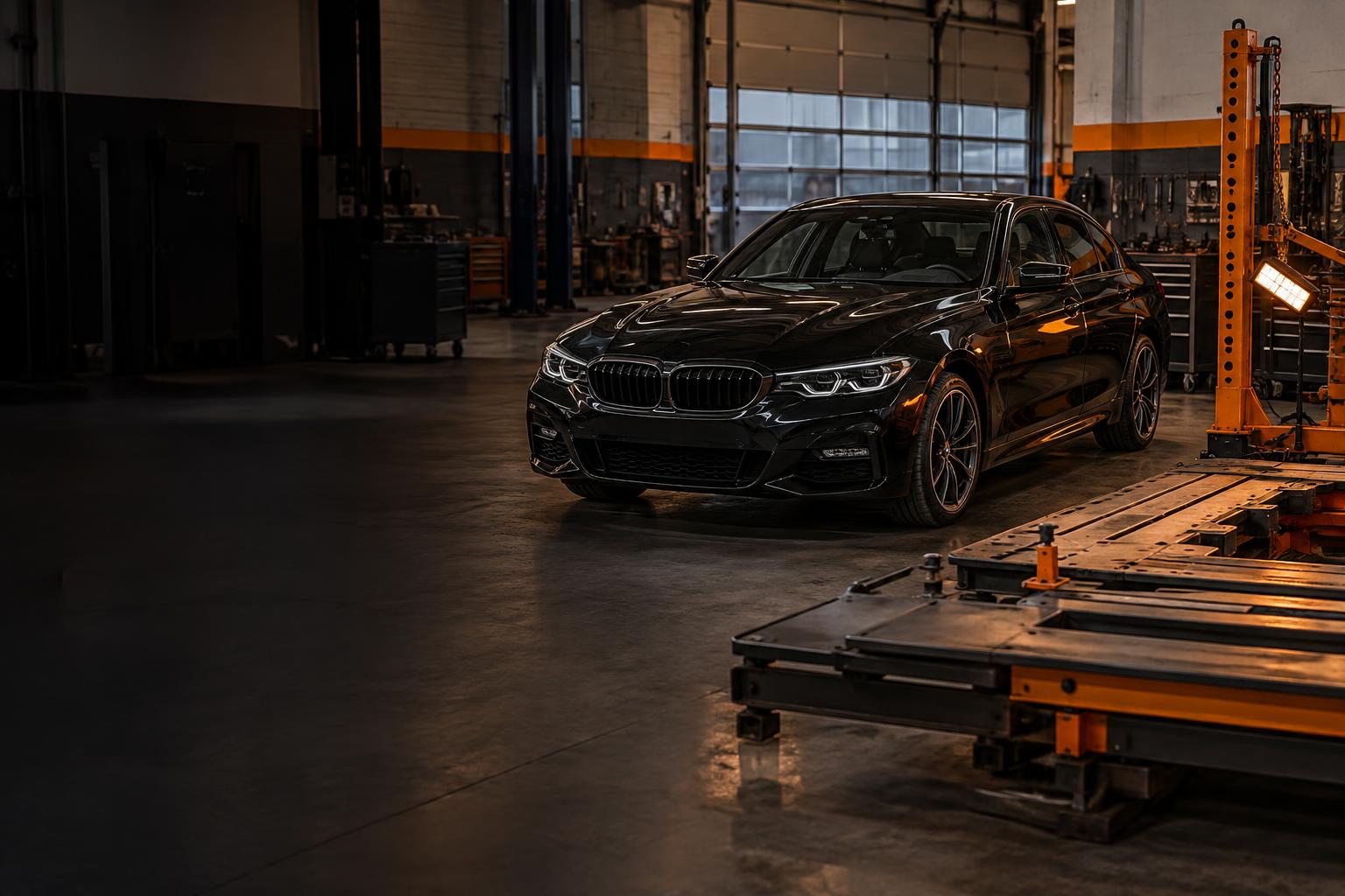 Black sedan inside a professional auto body repair and inspection shop