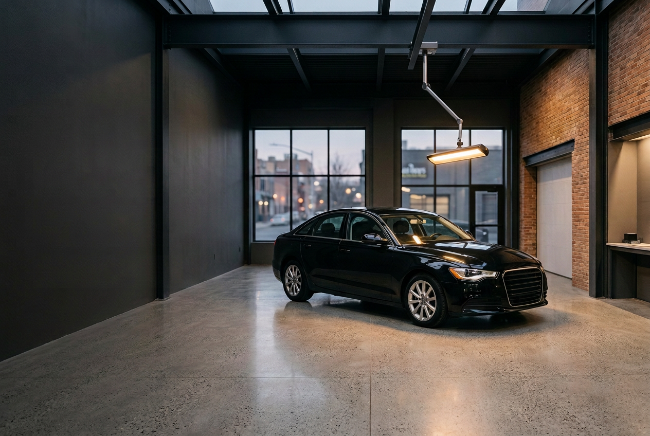 Black sedan positioned for a professional inspection inside an auto body repair shop