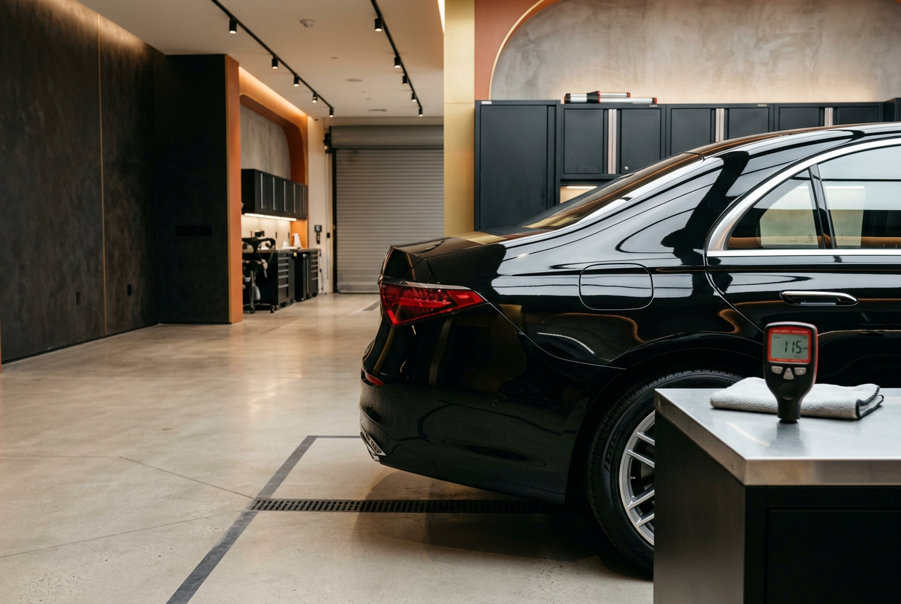 Freshly refinished black sedan bodywork inside a professional auto body shop
