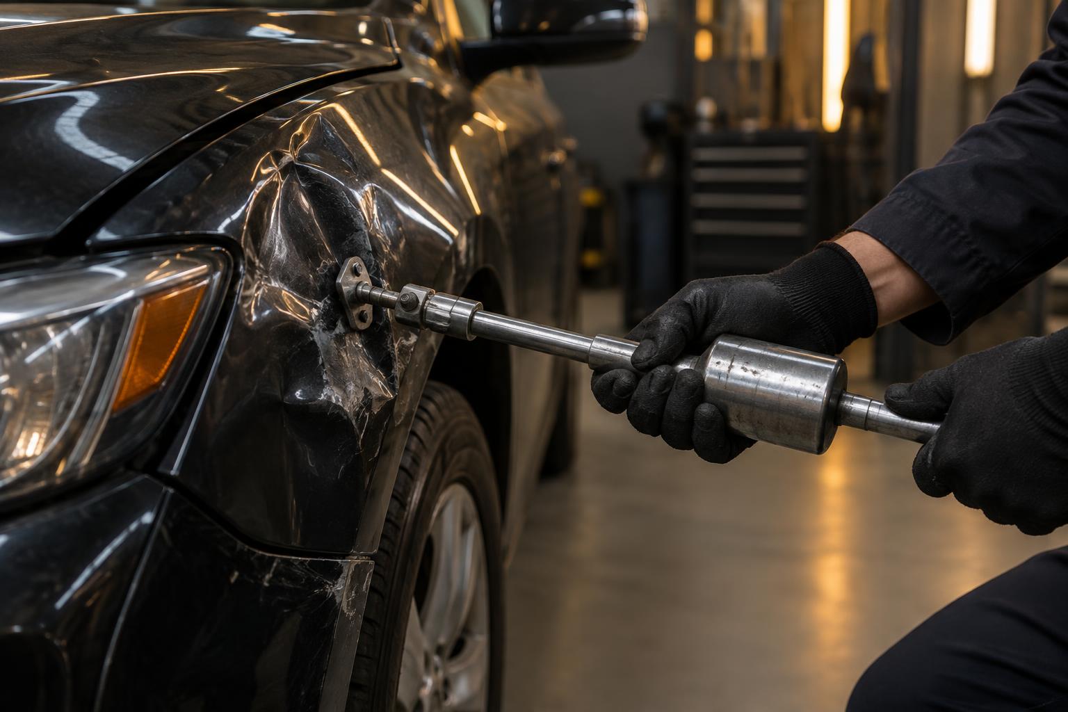 Collision repair technician aligning a damaged front fender with a professional slide hammer
