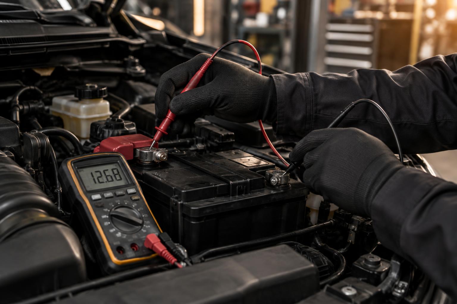 Automotive technician testing a vehicle battery with a digital multimeter in a professional repair bay