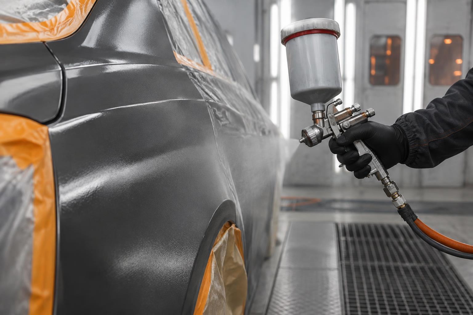 Automotive refinishing technician applying an even coat with an HVLP spray gun in a paint booth
